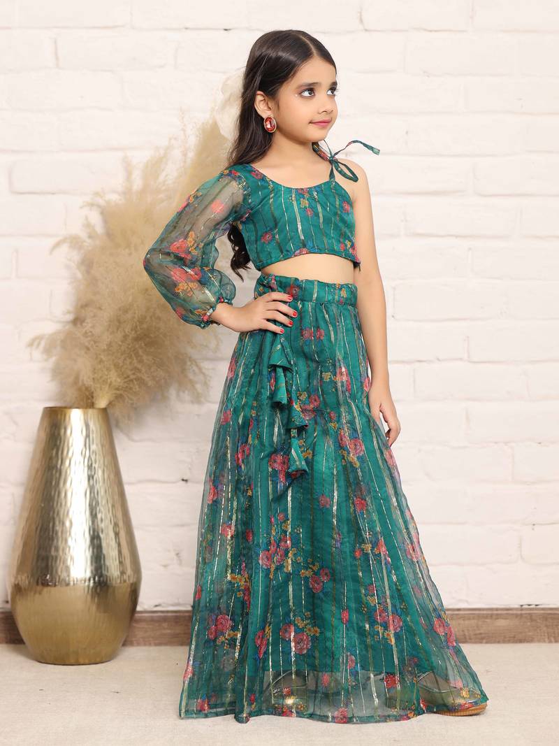 Elegant Green Organza One-Shoulder Digital Print Top &amp; Skirt Set for Girls