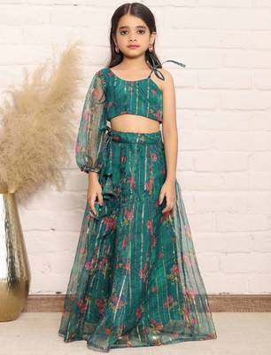 Elegant Green Organza One-Shoulder Digital Print Top &amp; Skirt Set for Girls 4