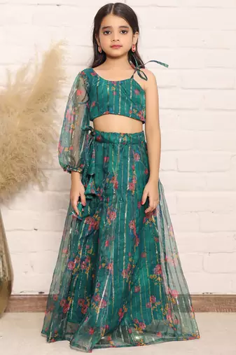Elegant Green Organza One-Shoulder Digital Print Top &amp; Skirt Set for Girls