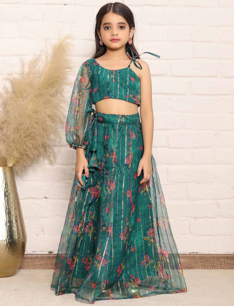 Elegant Green Organza One-Shoulder Digital Print Top &amp; Skirt Set for Girls