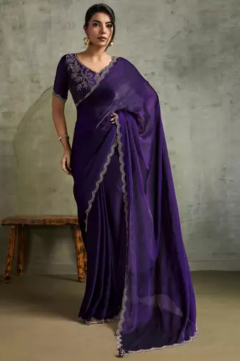 Elegant Purple Chiffon Festive Wear Saree With Diamond Work Blouse