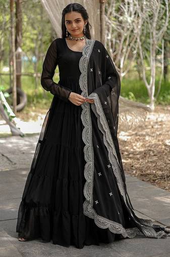 Black color embroidered georgette gown with dupatta