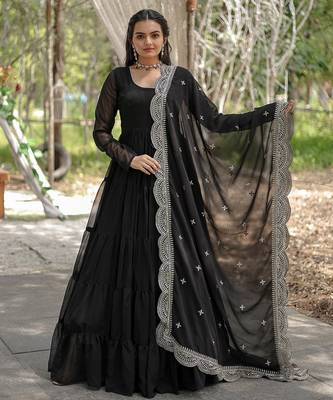 Black embroidered georgette gown with dupatta 2