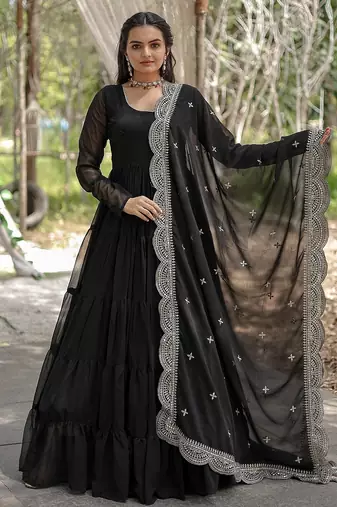 Black color embroidered georgette gown with dupatta