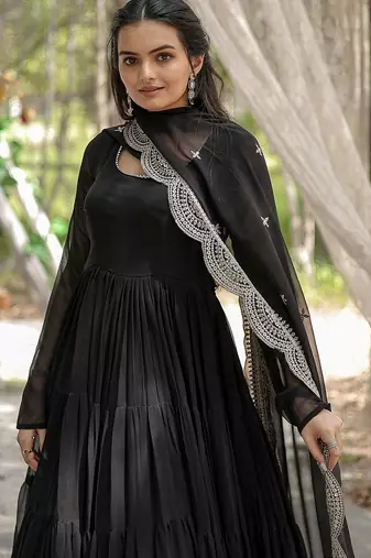 Black color embroidered georgette gown with dupatta