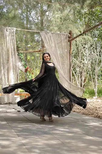 Black color embroidered georgette gown with dupatta