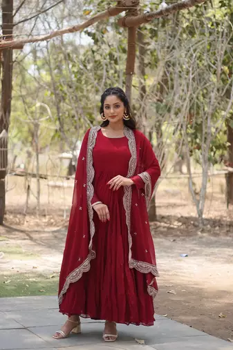 Maroon color embroidered georgette gown with dupatta