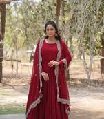 Maroon color embroidered georgette gown with dupatta