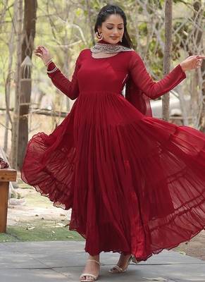 Maroon embroidered georgette gown with dupatta 2