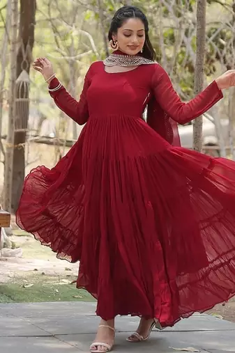 Maroon color embroidered georgette gown with dupatta