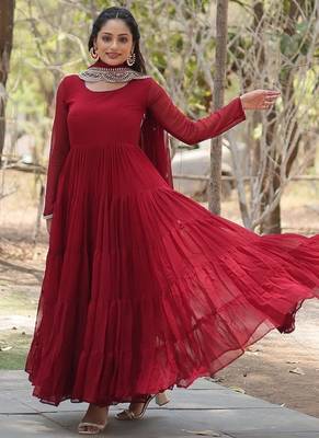 Maroon embroidered georgette gown with dupatta 3