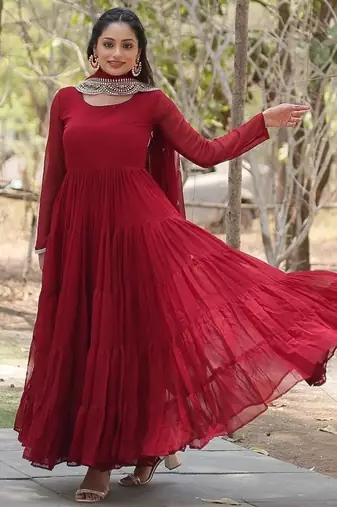 Maroon color embroidered georgette gown with dupatta