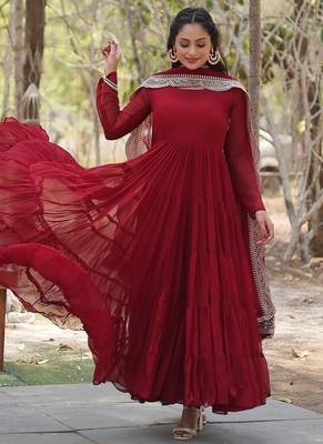 Maroon embroidered georgette gown with dupatta 4