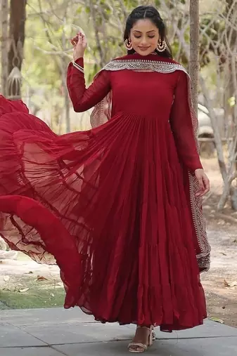 Maroon color embroidered georgette gown with dupatta