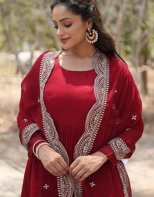 Maroon embroidered georgette gown with dupatta 5