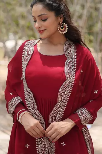 Maroon color embroidered georgette gown with dupatta