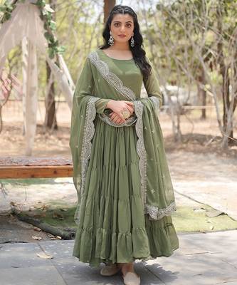Mehandi embroidered georgette gown with dupatta 1