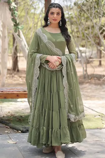 Mehandi color embroidered georgette gown with dupatta