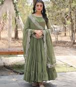 Mehandi color embroidered georgette gown with dupatta