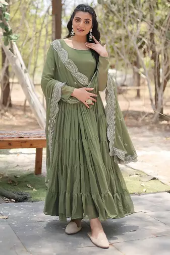 Mehandi color embroidered georgette gown with dupatta