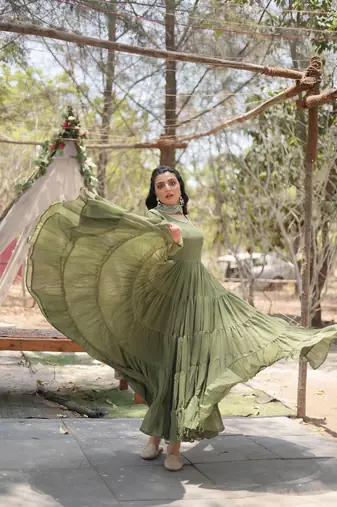Mehandi color embroidered georgette gown with dupatta