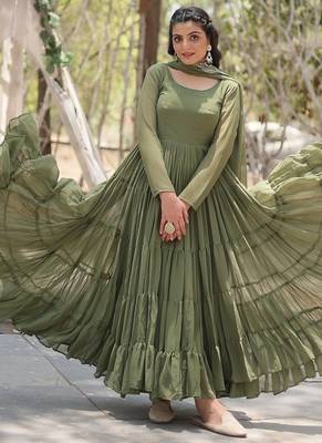 Mehandi embroidered georgette gown with dupatta 5