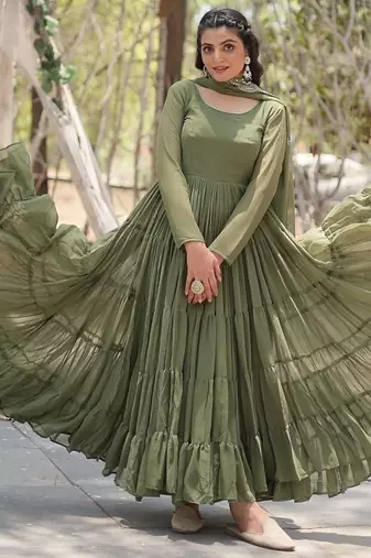 Mehandi color embroidered georgette gown with dupatta