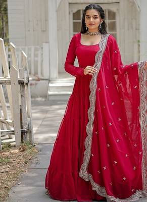 Pink embroidered georgette gown with dupatta 1