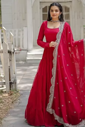 Pink color embroidered georgette gown with dupatta
