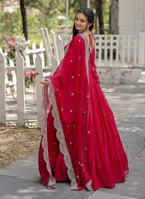 Pink embroidered georgette gown with dupatta 2