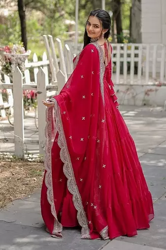 Pink color embroidered georgette gown with dupatta