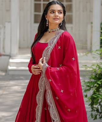 Pink embroidered georgette gown with dupatta 3