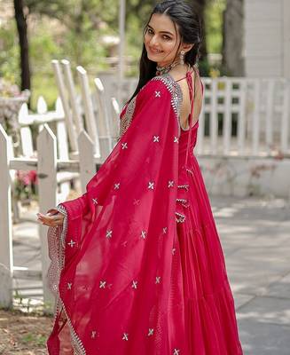 Pink embroidered georgette gown with dupatta 4