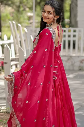 Pink color embroidered georgette gown with dupatta