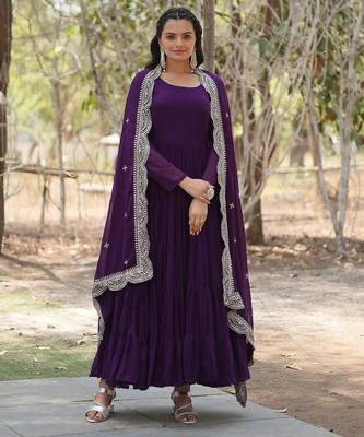 Purple embroidered georgette gown with dupatta 1