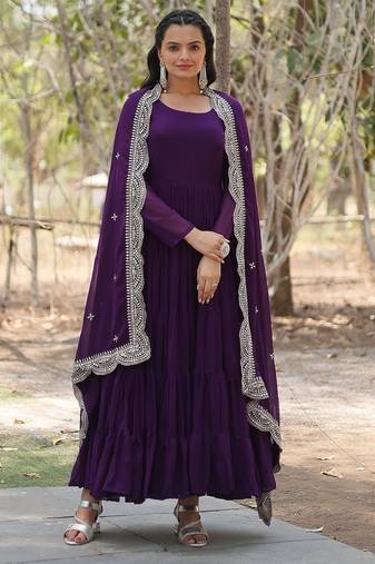Purple color embroidered georgette gown with dupatta