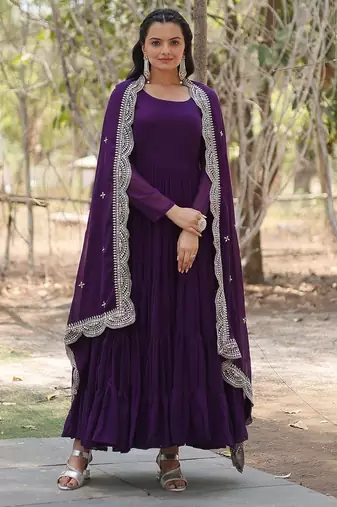 Purple color embroidered georgette gown with dupatta