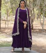 Purple color embroidered georgette gown with dupatta