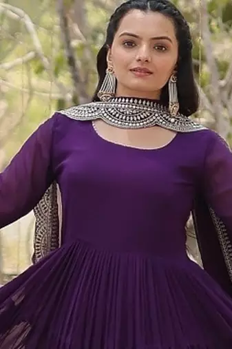 Purple color embroidered georgette gown with dupatta
