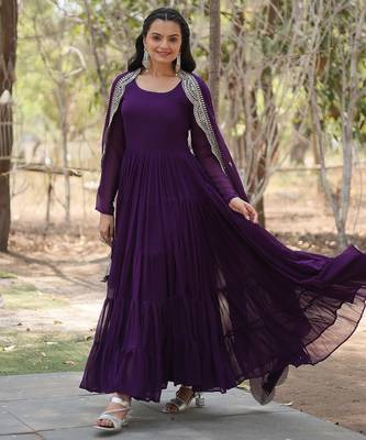 Purple embroidered georgette gown with dupatta 5
