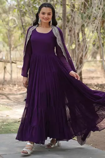 Purple color embroidered georgette gown with dupatta
