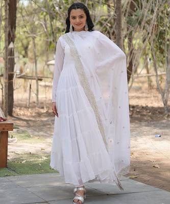 White embroidered georgette gown with dupatta 1