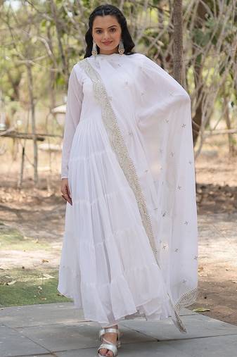 White color embroidered georgette gown with dupatta