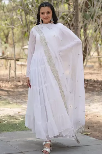 White color embroidered georgette gown with dupatta