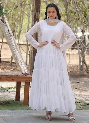 White embroidered georgette gown with dupatta 2