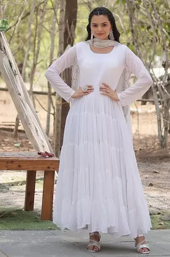 White color embroidered georgette gown with dupatta