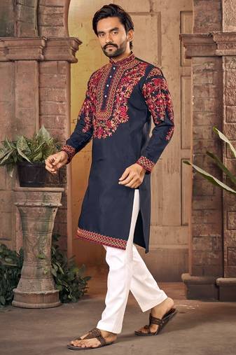 Blue multi thread work silk straight kurta