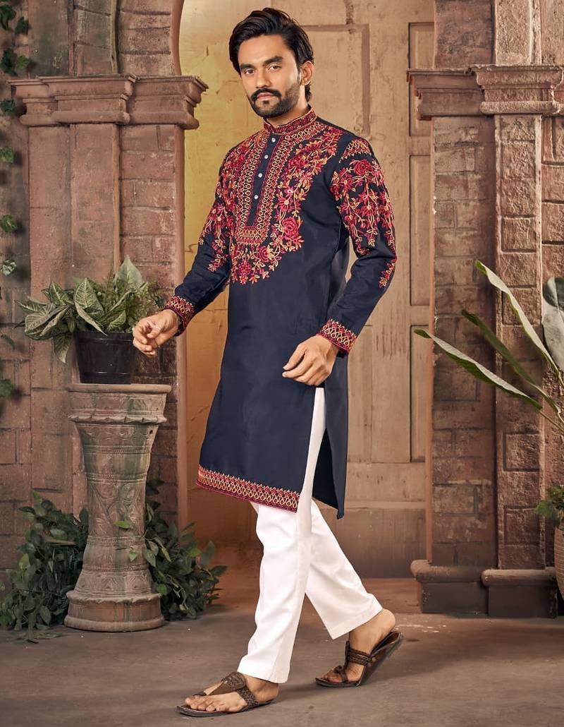 Blue multi thread work silk straight kurta