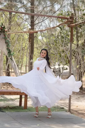 White color embroidered georgette gown with dupatta