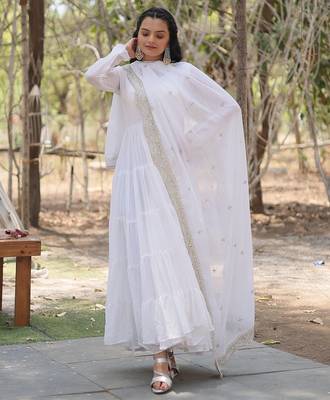 White embroidered georgette gown with dupatta 4